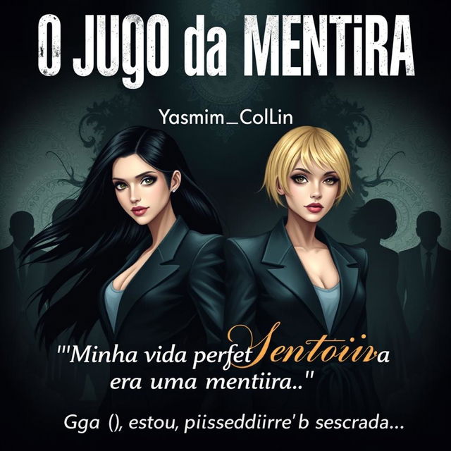 A captivating eBook cover featuring twin sisters, one with long flowing black hair and the other with short blonde hair, both dressed in modern, stylish outfits