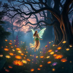 A mystical forest at twilight, filled with ethereal glowing plants and flowers in vibrant colors, with soft mist weaving through the trees