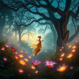 A mystical forest at twilight, filled with ethereal glowing plants and flowers in vibrant colors, with soft mist weaving through the trees