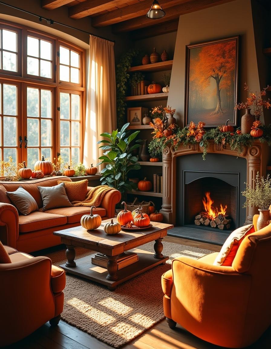 A cozy autumn-themed salon featuring warm colors and rustic decor