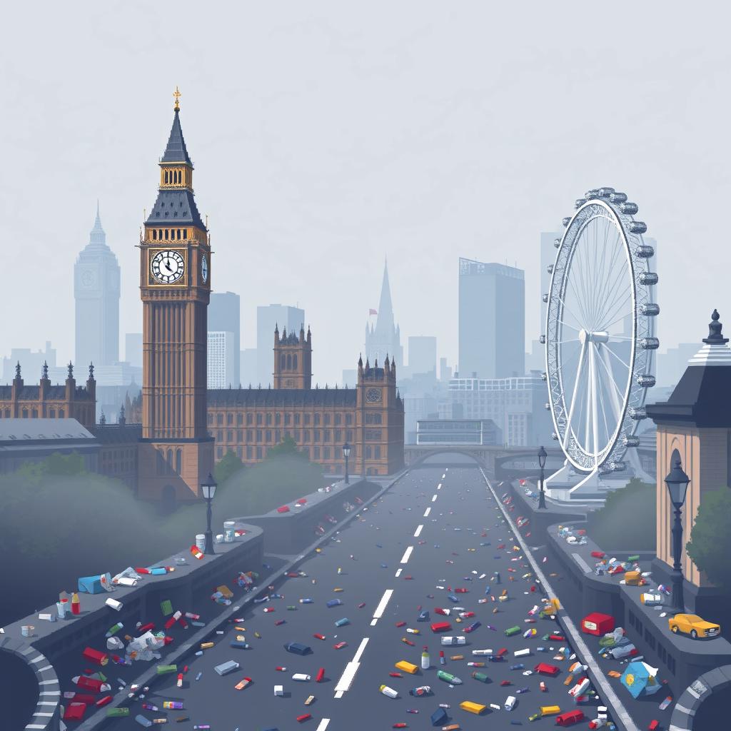 A pixel art depiction of London, United Kingdom, showcasing the city amidst significant air pollution and litter