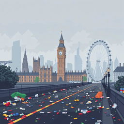 A pixel art depiction of London, United Kingdom, showcasing the city amidst significant air pollution and litter