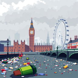 A pixel art depiction of London, United Kingdom, showcasing the city amidst significant air pollution and litter