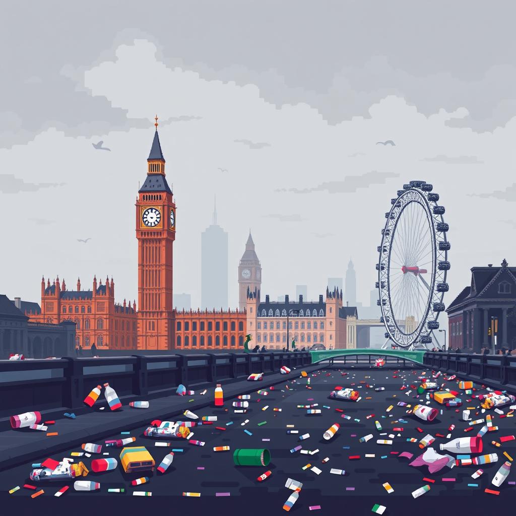 A pixel art depiction of London, United Kingdom, showcasing the city amidst significant air pollution and litter