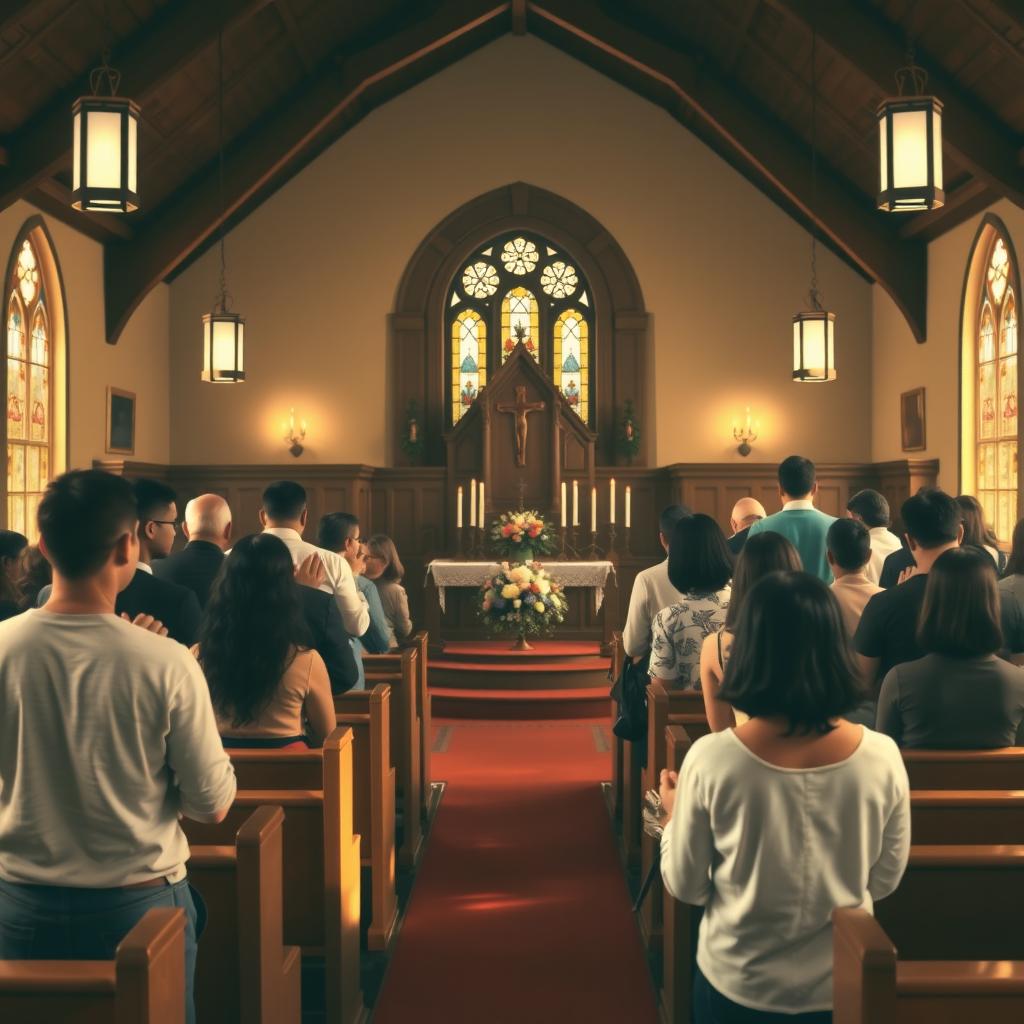 A cozy and inviting atmosphere depicting a serene church interior with warm lighting, wooden pews, and soft daylight streaming through stained glass windows