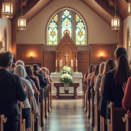 A cozy and inviting atmosphere depicting a serene church interior with warm lighting, wooden pews, and soft daylight streaming through stained glass windows