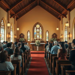 A cozy and inviting atmosphere depicting a serene church interior with warm lighting, wooden pews, and soft daylight streaming through stained glass windows