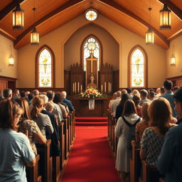 A cozy and inviting atmosphere depicting a serene church interior with warm lighting, wooden pews, and soft daylight streaming through stained glass windows