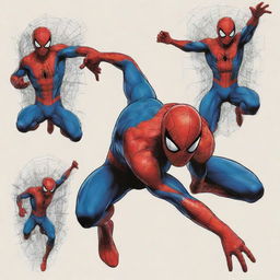 A beautiful collection of Spiderman sketches, showcasing various dynamic poses, bold colors, and intricate details.