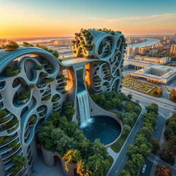 A breathtaking futuristic, bionic design of high-rise buildings shaped like a map of Ukraine, prominently located in Kyiv