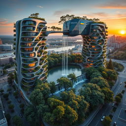 A breathtaking futuristic, bionic design of high-rise buildings shaped like a map of Ukraine, prominently located in Kyiv