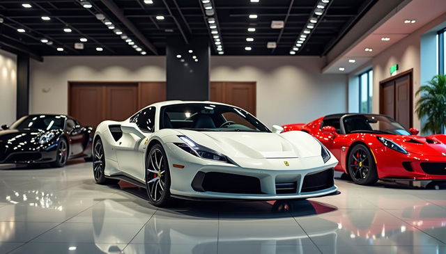 A luxurious indoor car dealership showcasing three stunning cars