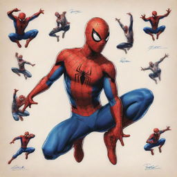 A beautiful collection of Spiderman sketches, showcasing various dynamic poses, bold colors, and intricate details.