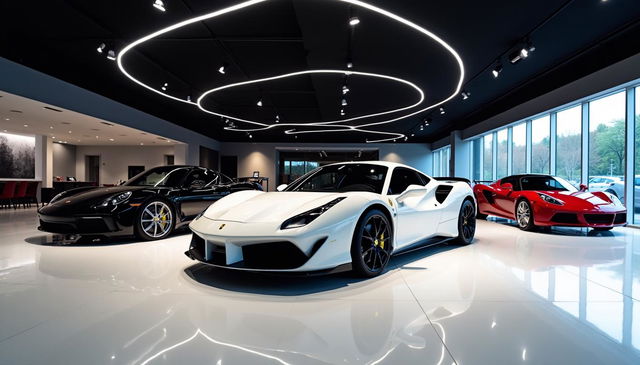 An indoor car dealership featuring a stunning and luxurious atmosphere