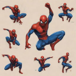 A beautiful collection of Spiderman sketches, showcasing various dynamic poses, bold colors, and intricate details.