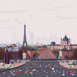 A pixel art representation of Paris, France, depicting the city amidst notable air pollution and litter