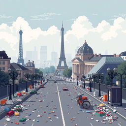 A pixel art representation of Paris, France, depicting the city amidst notable air pollution and litter