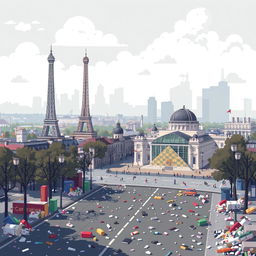 A pixel art representation of Paris, France, depicting the city amidst notable air pollution and litter