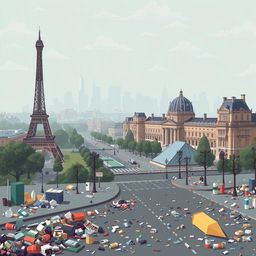 A pixel art representation of Paris, France, depicting the city amidst notable air pollution and litter