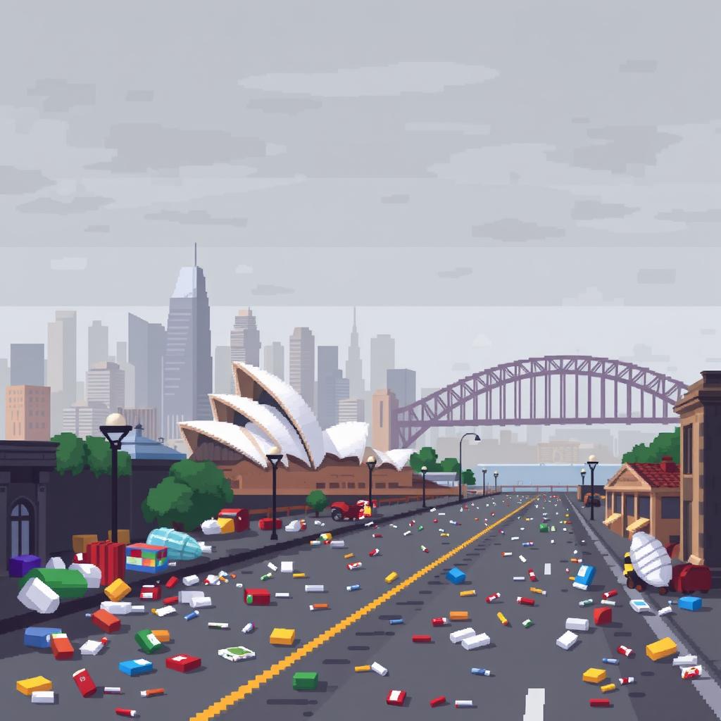 A pixel art representation of Sydney, Australia, depicting the city amidst noticeable air pollution and litter