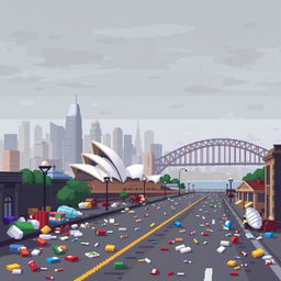 A pixel art representation of Sydney, Australia, depicting the city amidst noticeable air pollution and litter