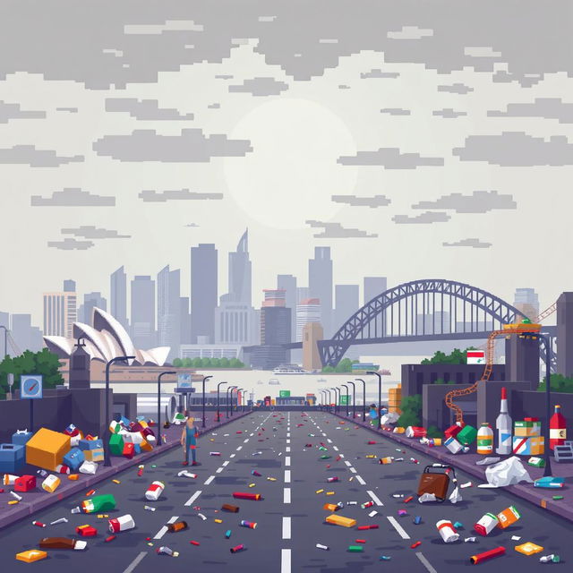 A pixel art representation of Sydney, Australia, depicting the city amidst noticeable air pollution and litter