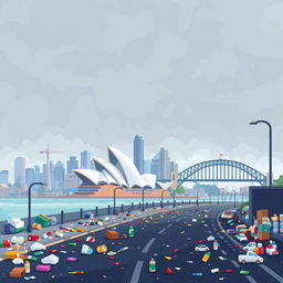 A pixel art representation of Sydney, Australia, depicting the city amidst noticeable air pollution and litter