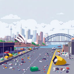 A pixel art representation of Sydney, Australia, depicting the city amidst noticeable air pollution and litter