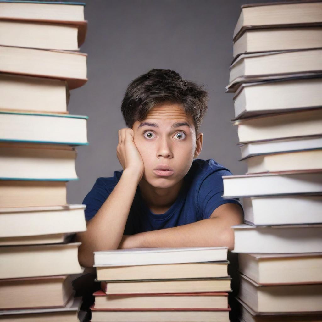 A young student with a befuddled expression, seated amidst a stack of books and study materials, overwhelmed by the enormity of academic tasks.