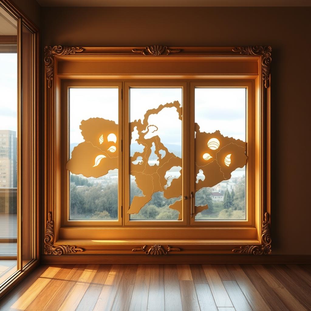 An imaginative design featuring a window shaped like the map of Ukraine, perfectly replicating its contours