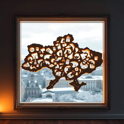 An imaginative design featuring a window shaped like the map of Ukraine, perfectly replicating its contours