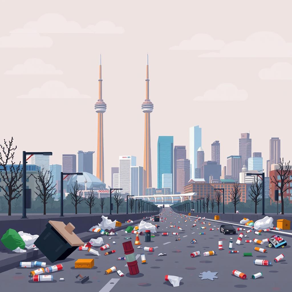 A pixel art representation of Toronto, Canada, illustrating the city amid notable air pollution and litter