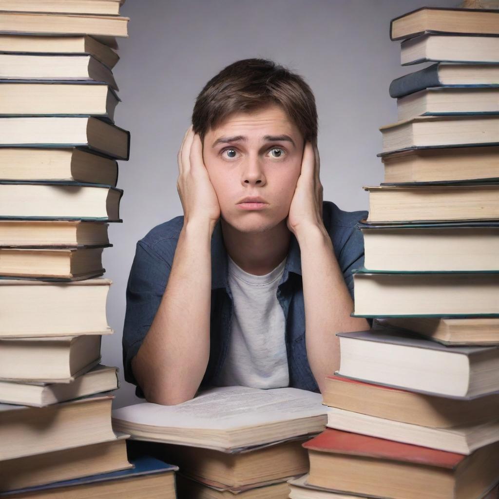 A young student with a befuddled expression, seated amidst a stack of books and study materials, overwhelmed by the enormity of academic tasks.