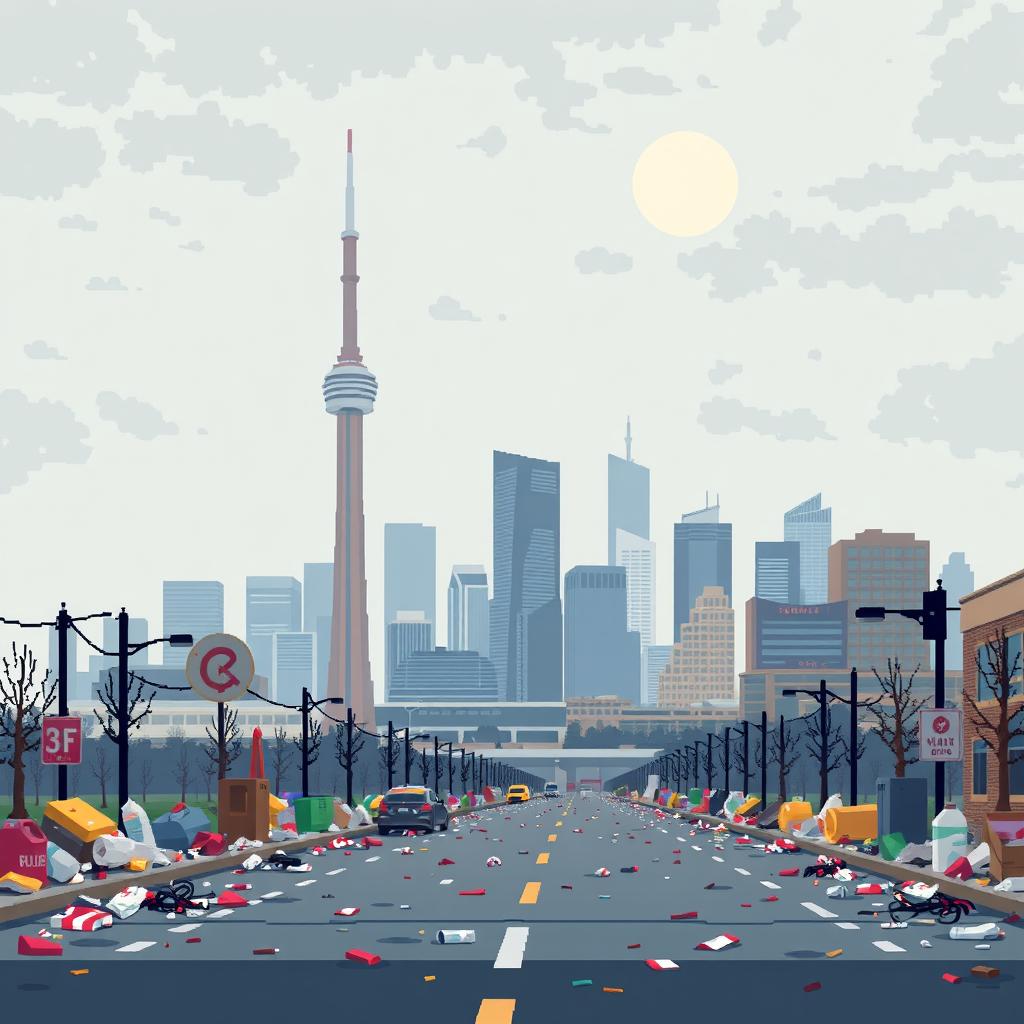 A pixel art representation of Toronto, Canada, illustrating the city amid notable air pollution and litter