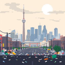 A pixel art representation of Toronto, Canada, illustrating the city amid notable air pollution and litter