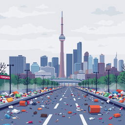 A pixel art representation of Toronto, Canada, illustrating the city amid notable air pollution and litter