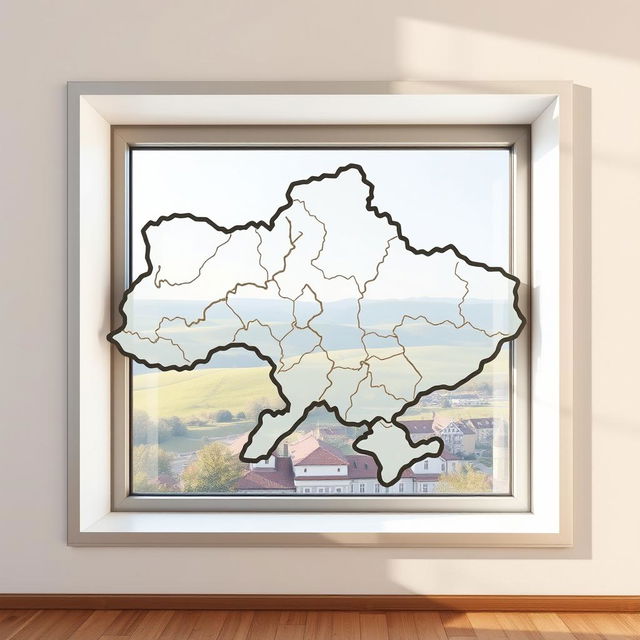 A creatively designed window shaped like the map of Ukraine, perfectly mimicking its intricate contours