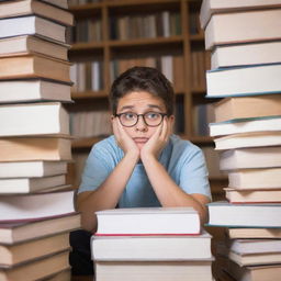 A young student with a befuddled expression, seated amidst a stack of books and study materials, overwhelmed by the enormity of academic tasks.