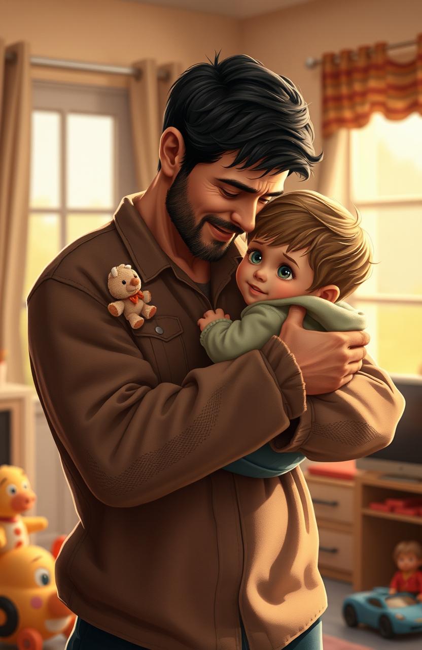 A heartfelt scene depicting a father's sacrifice, showing a caring dad holding a child close while giving up something precious for them, like a toy or a piece of food