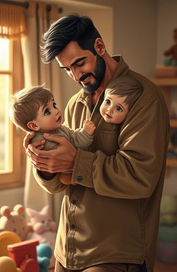 A heartfelt scene depicting a father's sacrifice, showing a caring dad holding a child close while giving up something precious for them, like a toy or a piece of food