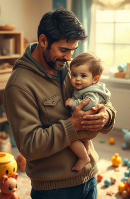 A heartfelt scene depicting a father's sacrifice, showing a caring dad holding a child close while giving up something precious for them, like a toy or a piece of food