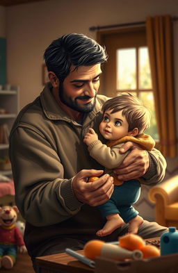 A heartfelt scene depicting a father's sacrifice, showing a caring dad holding a child close while giving up something precious for them, like a toy or a piece of food