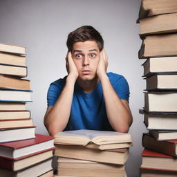 A young student with a befuddled expression, seated amidst a stack of books and study materials, overwhelmed by the enormity of academic tasks.