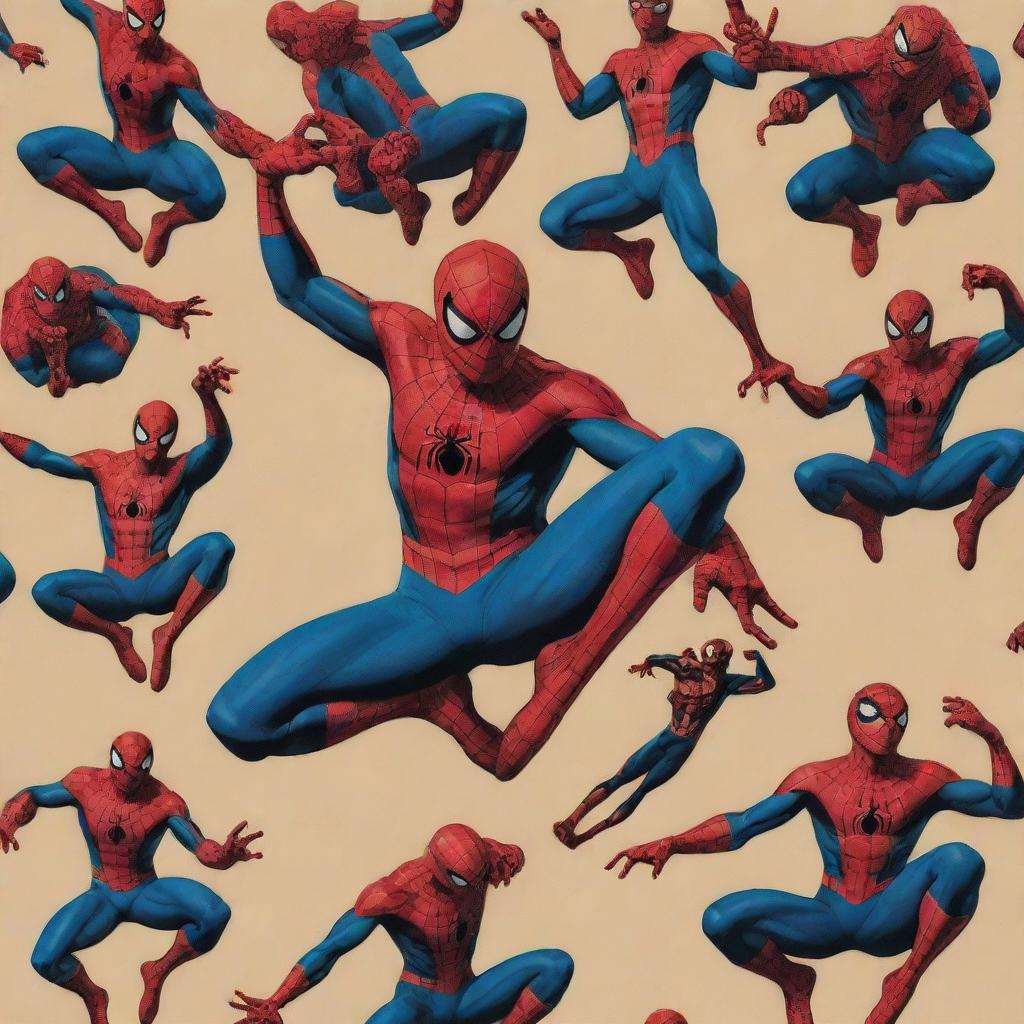 An artistic collection of Spiderman in various dramatic poses, with bold, vivid colors and intricate webbing details.