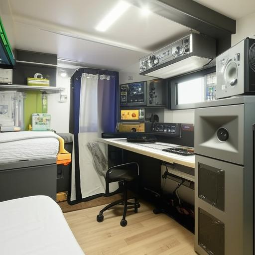 A multifunctional room containing a science experiment area, music production equipment, a book rack, a comfortable bed, and a compact bathing area.