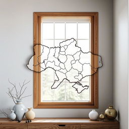 A window frame designed to perfectly replicate the contour of the map of Ukraine, with intricate detailing that mirrors every curve and line of the country's borders