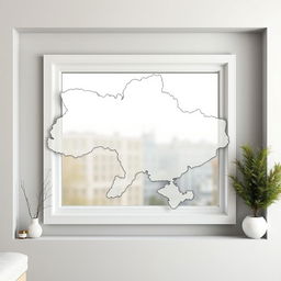 A window frame designed to perfectly replicate the contour of the map of Ukraine, with intricate detailing that mirrors every curve and line of the country's borders