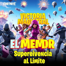 A visually striking YouTube thumbnail for the video titled 'Victoria Magistral - El MEJOR Battle Royale en Fortnite - Supervivencia al Límite'