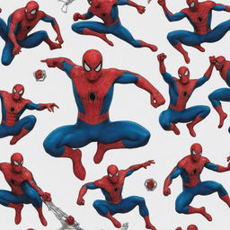 An artistic collection of Spiderman in various dramatic poses, with bold, vivid colors and intricate webbing details.