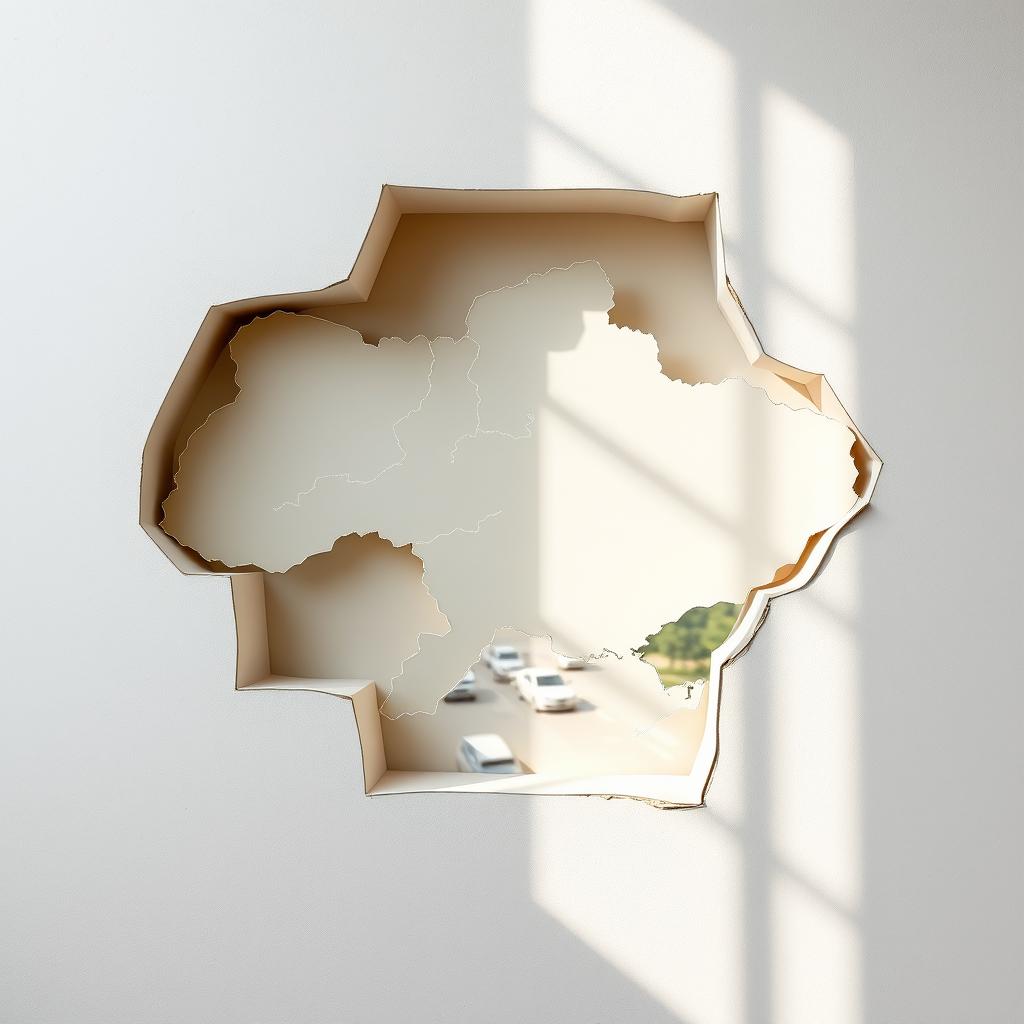 An artistic depiction of a wall featuring an opening shaped like the map of Ukraine, meticulously mirroring its exact contours